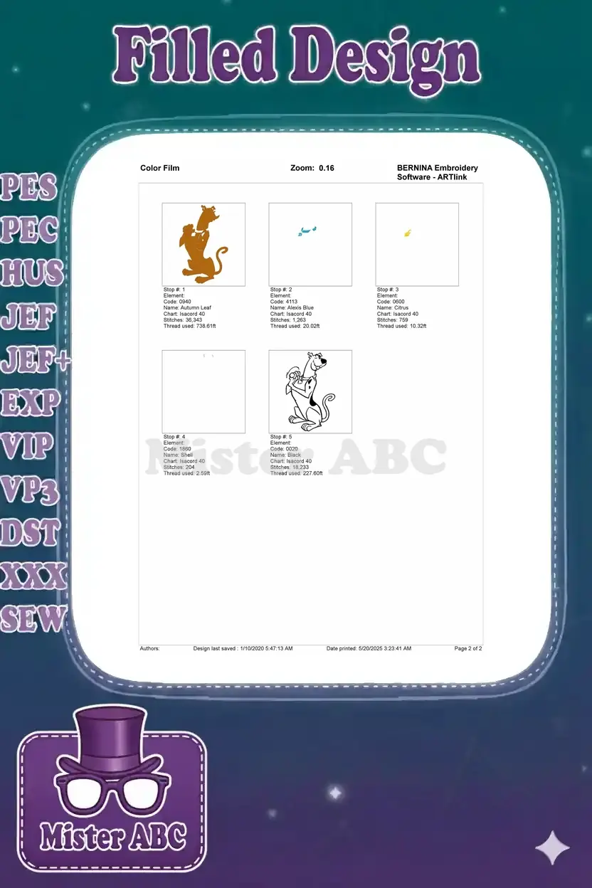 Color film breakdown of the Scooby-Doo embroidery design, showing each stitch stop and color layer individually.