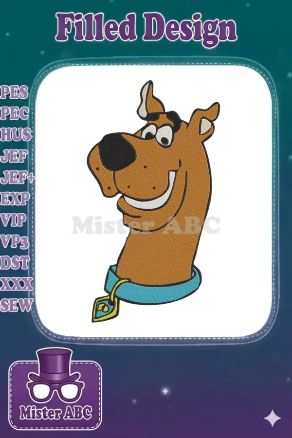 Close-up of a vibrant Scooby-Doo embroidery design featuring his smiling face, blue collar, and yellow SD tag.