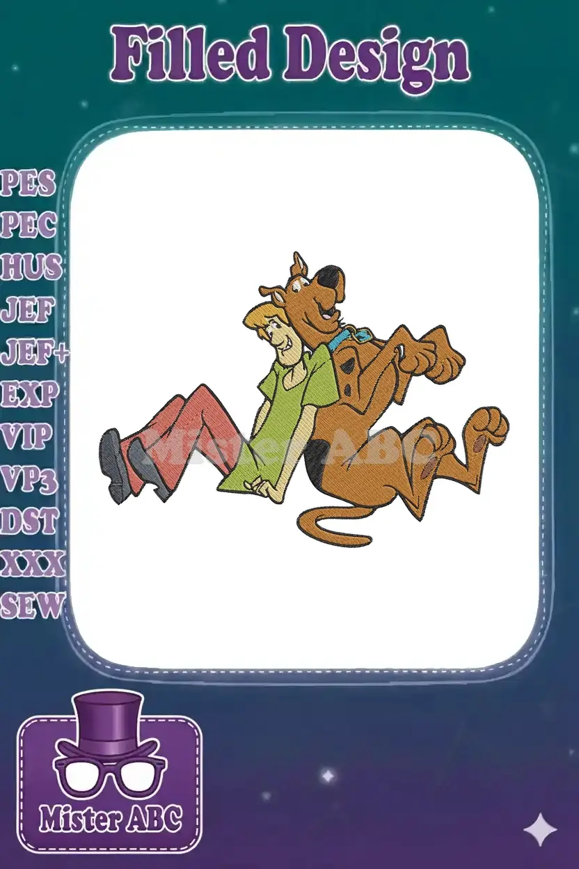 An intricate embroidery of Shaggy Rogers leaning against Scooby-Doo, capturing their classic friendship.