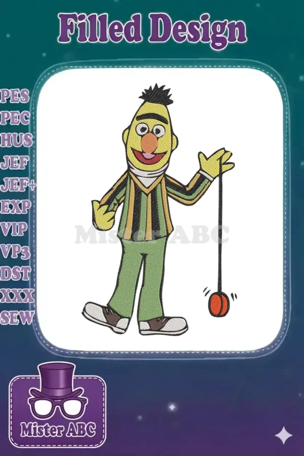 Vibrant embroidery design of Bert from Sesame Street, smiling and playing with a red yo-yo, featuring textured stitches.