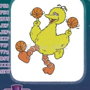 An enthusiastic Big Bird in a detailed embroidery design, skillfully juggling four basketballs with a joyful expression.