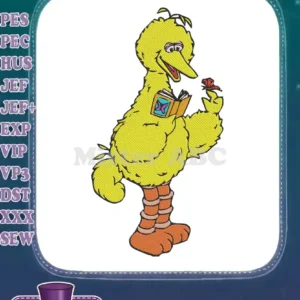 Vibrant Big Bird embroidery design from Sesame Street, holding a book and a red item, on a crisp white background.