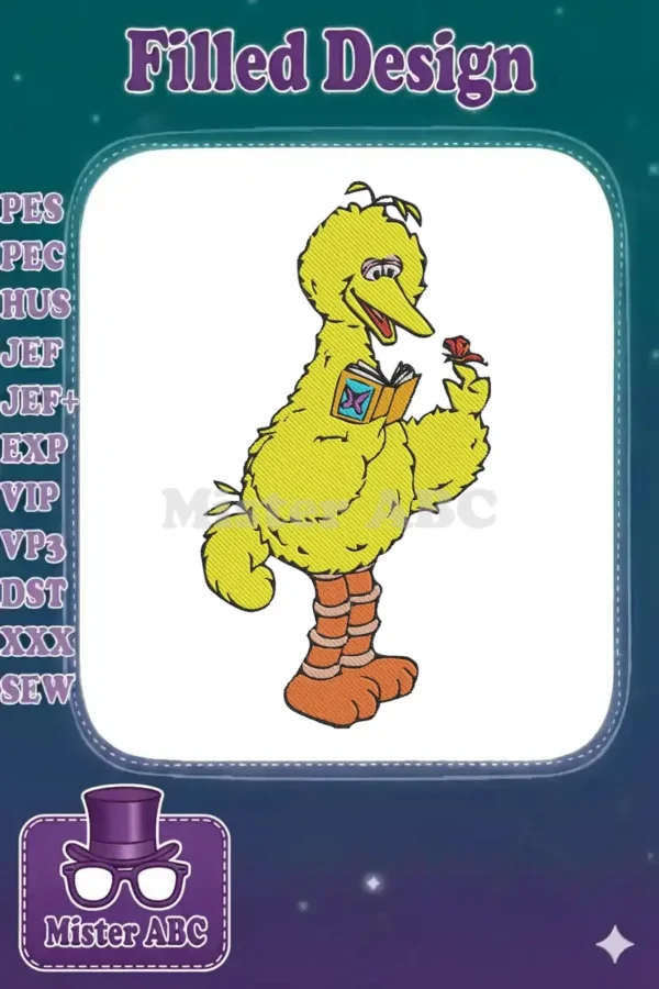 Vibrant Big Bird embroidery design from Sesame Street, holding a book and a red item, on a crisp white background.