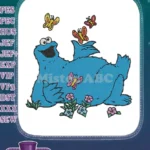 Happy Cookie Monster with Butterflies and Flowers Embroidery Designs - Instant Download