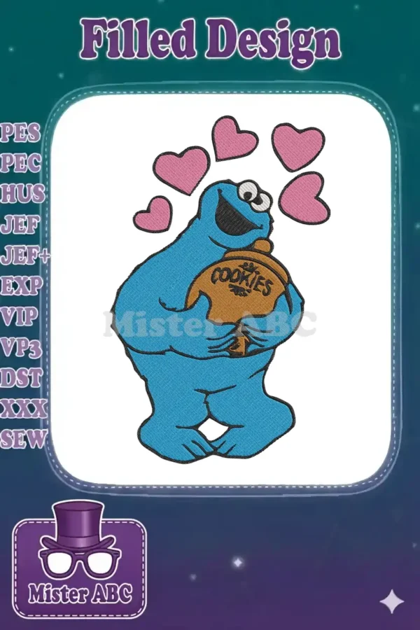 A cheerful blue Cookie Monster embroidery design, joyfully hugging a brown cookie jar with 'COOKIES' text, surrounded by pink hearts.