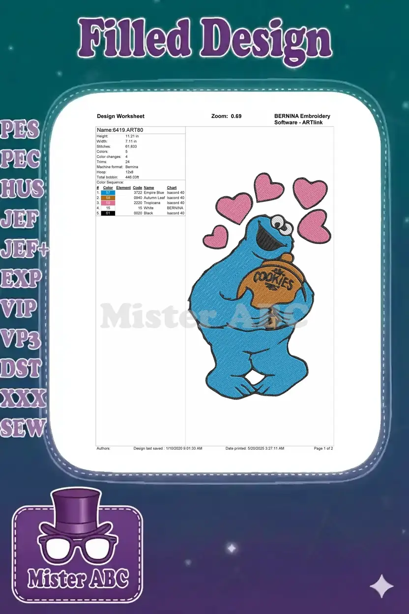 Embroidery design worksheet for Cookie Monster, detailing stitch count, color sequence, dimensions, and thread information.