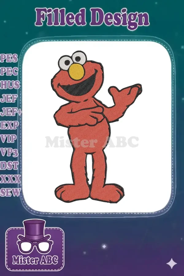 A vibrant, digitized embroidery design featuring Elmo from Sesame Street, smiling with an open arm gesture.