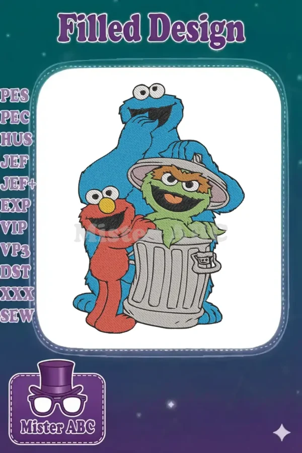 A colorful embroidery design depicting Elmo, Oscar the Grouch peeking from a trash can, and Cookie Monster.