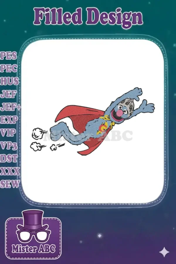 Vibrant embroidery of Super Grover from Sesame Street, flying dynamically with a red cape and yellow emblem.