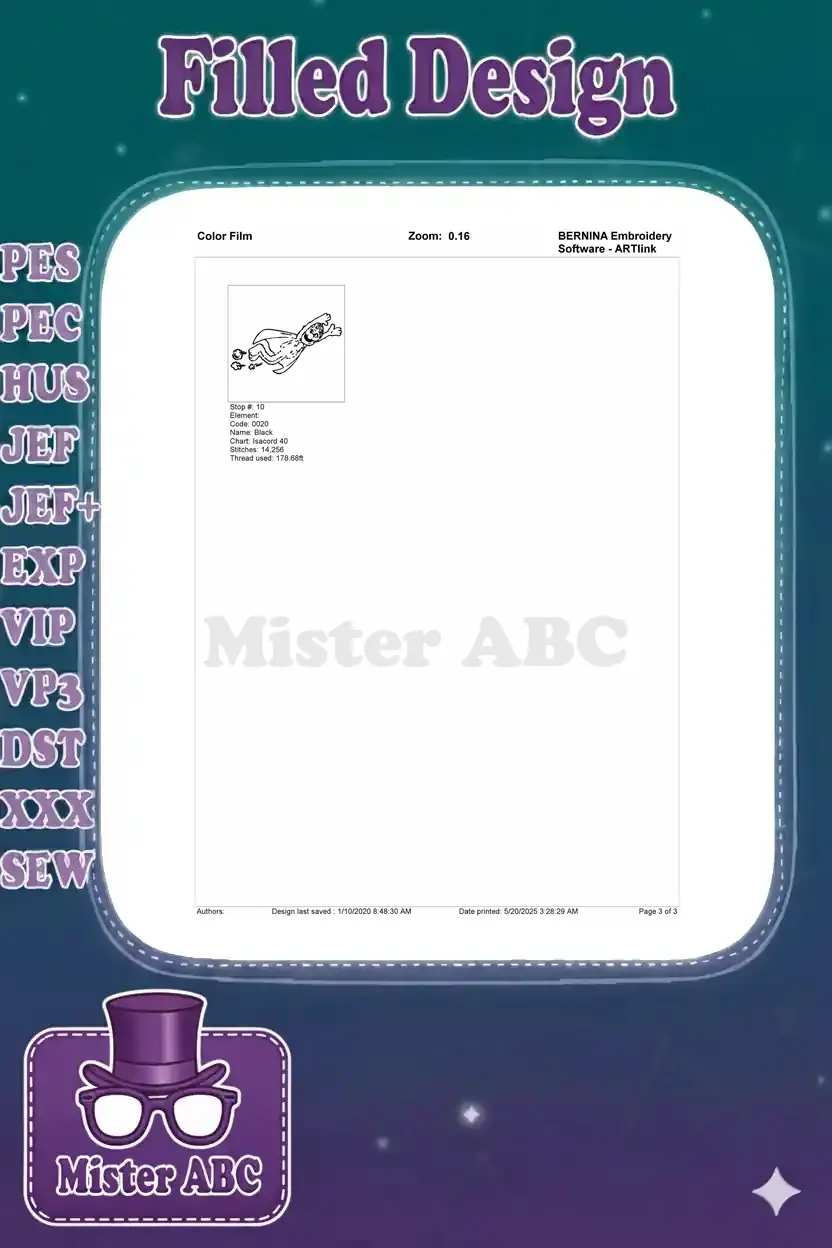 Second page of the embroidery color film, showing the final black color element and its detailed stitch information.