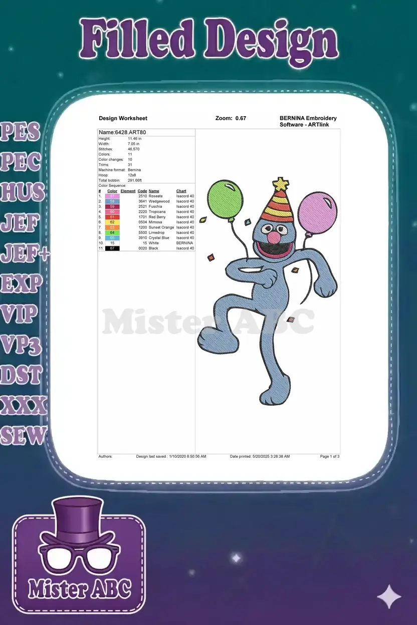A detailed embroidery design worksheet for "Grover Party," showing dimensions, stitch count, colors, and machine format.