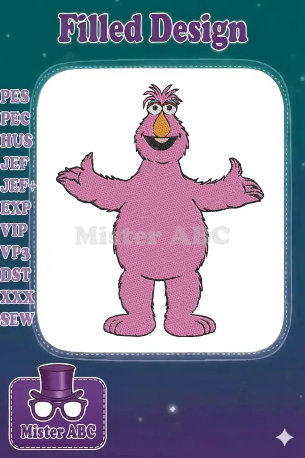 A friendly, pink, furry Murray Monster from Sesame Street embroidery design with open arms, ready for a hug.