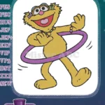 Happy yellow furry monster hula hooping fun embroidery designs - Instant Download