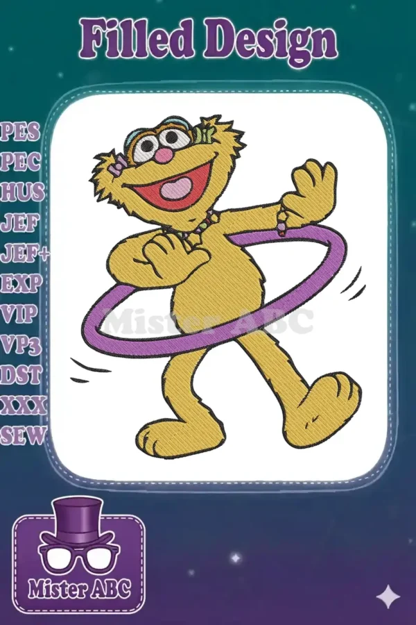 Vibrant embroidery design of Zoe from Sesame Street happily hula-hooping, showcasing detailed texture and colors.