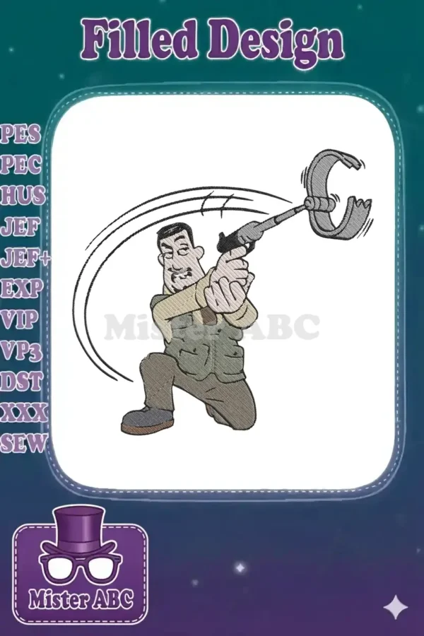Dynamic embroidery of a cartoon man, possibly a spy, kneeling and firing a grappling hook gun with motion lines.