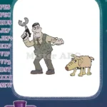 Funny mechanic man holding wrench with scruffy dog embroidery designs - Instant Download
