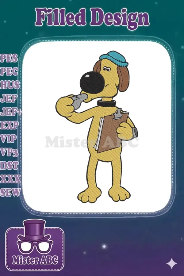 Full-body embroidery design of Gromit from Wallace & Gromit, dressed as a coach, blowing a whistle and holding a clipboard.