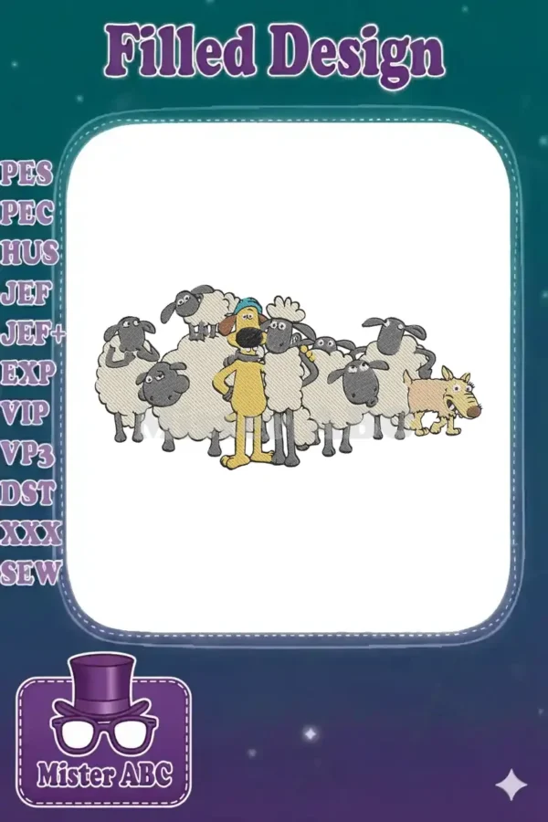 Shaun the Sheep and Bitzer the dog with a flock of sheep, an adorable and lively embroidery design.