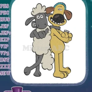 High-quality embroidery of Shaun the Sheep and Bitzer side-by-side, featuring detailed fill stitches and vibrant colors.