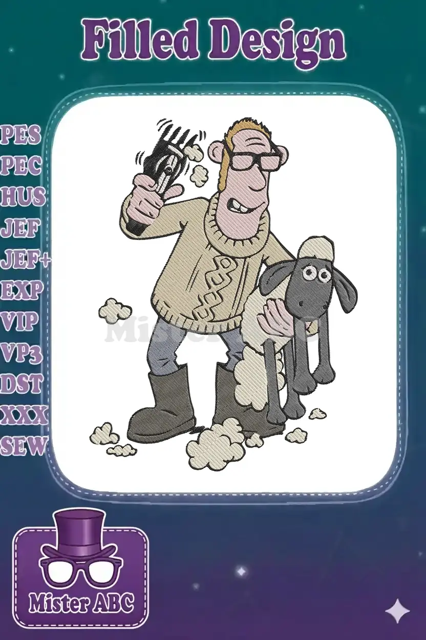 Detailed embroidery design of the Farmer from Shaun the Sheep attempting to shear Shaun, with wool flying.