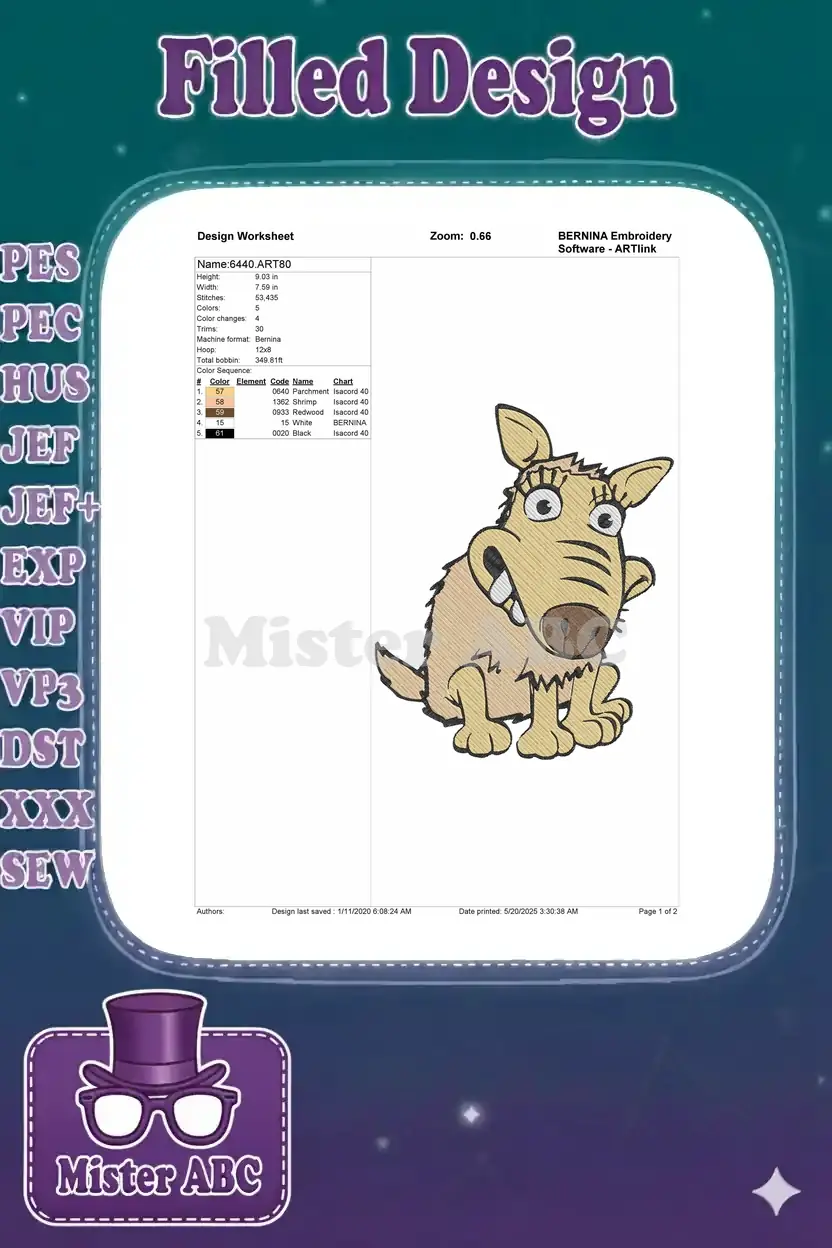Embroidery design worksheet detailing dimensions, stitch count, color changes, and thread chart for the cartoon dog.