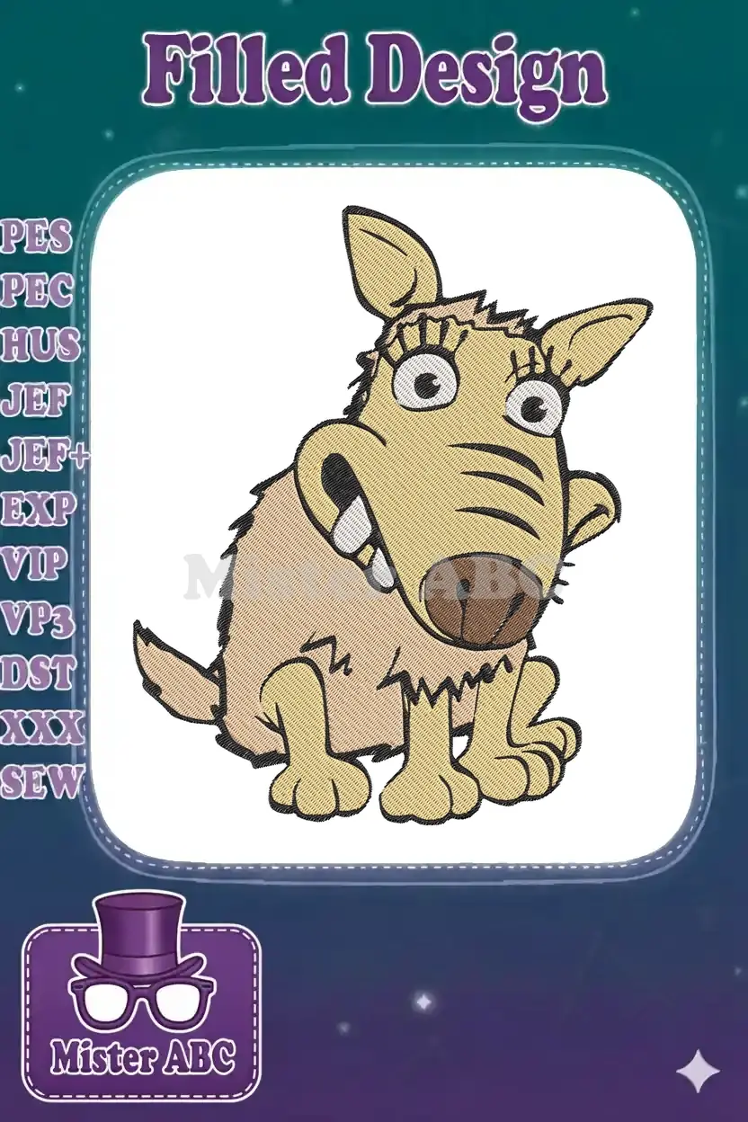 A detailed embroidery design featuring a quirky, light brown cartoon dog with large eyes and a friendly grin.