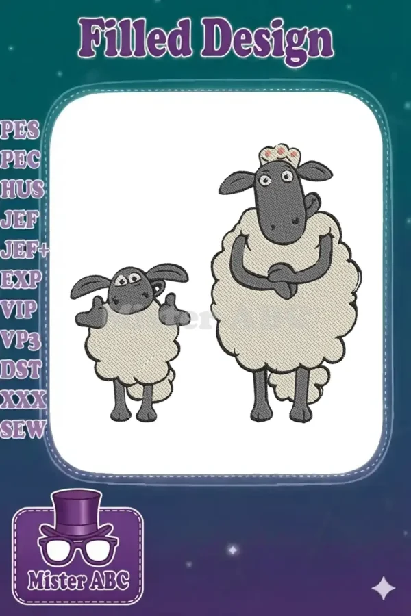 Two embroidered sheep characters, Shaun the Sheep and a smaller lamb, standing together on a white background, showcasing detailed stitching.