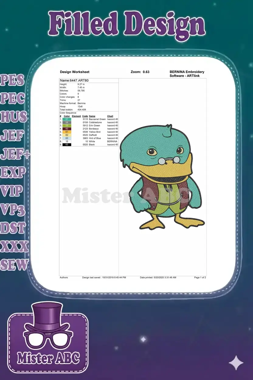 Embroidery design worksheet for the scholarly duck, detailing dimensions, stitch count, and thread color sequence.