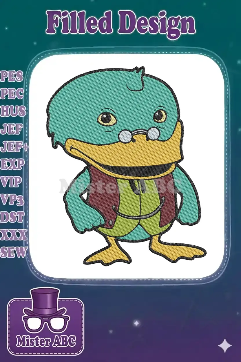Full embroidery design of a charming green duck-like character with yellow beak, maroon vest, and glasses.