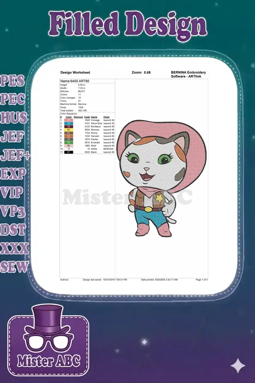 A detailed BERNINA embroidery design worksheet for the cowboy cat, showing dimensions, stitch count, and color chart.