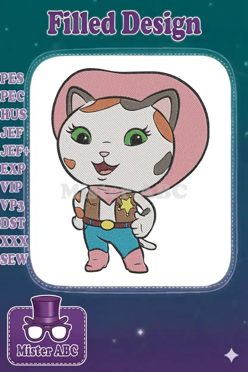 A delightful calico cat embroidery design, dressed as a cowboy with a pink hat, vest, and sheriff star.