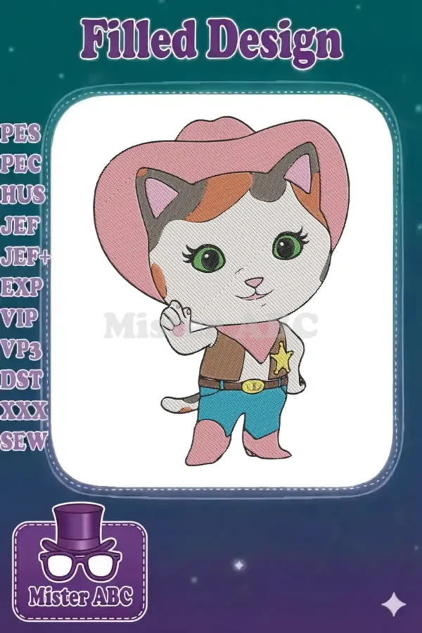 Close-up of a charming calico cat wearing a pink cowboy hat, bandana, and boots, with a sheriff star.