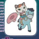 Cute cartoon calico cat cowboy riding blue horse embroidery designs - Instant Download