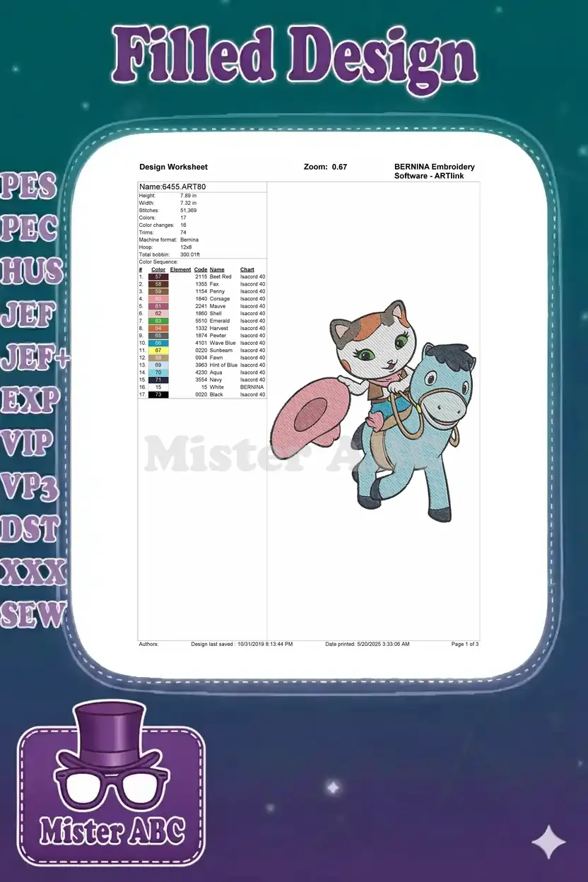 Embroidery design worksheet detailing stitch count, dimensions, color sequence, and machine format for the cowboy cat.