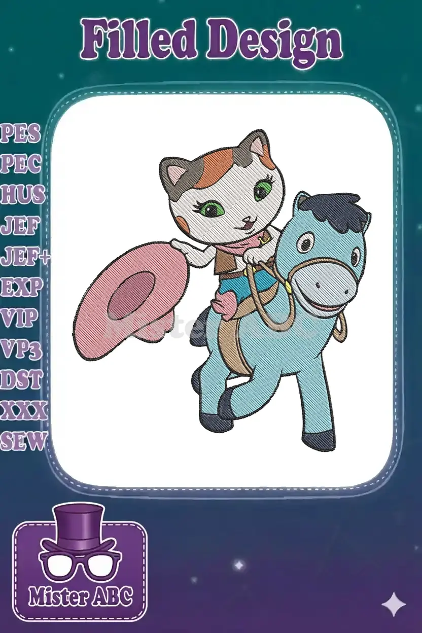 Cute embroidery design of a cartoon calico cat in a cowboy hat, riding a friendly blue horse, ready for adventure.