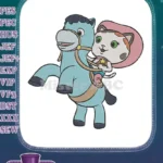 Cute cartoon cowboy cat riding blue horse embroidery designs - Instant Download