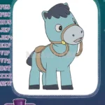 Cute Light Blue Cartoon Horse with Saddle Embroidery Designs - Instant Download