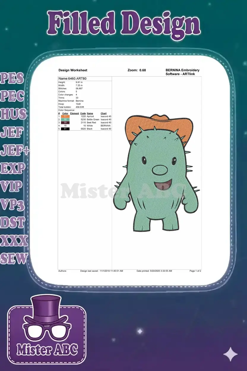 Embroidery design worksheet for the cowboy cactus, detailing dimensions, stitch count, and color sequence.