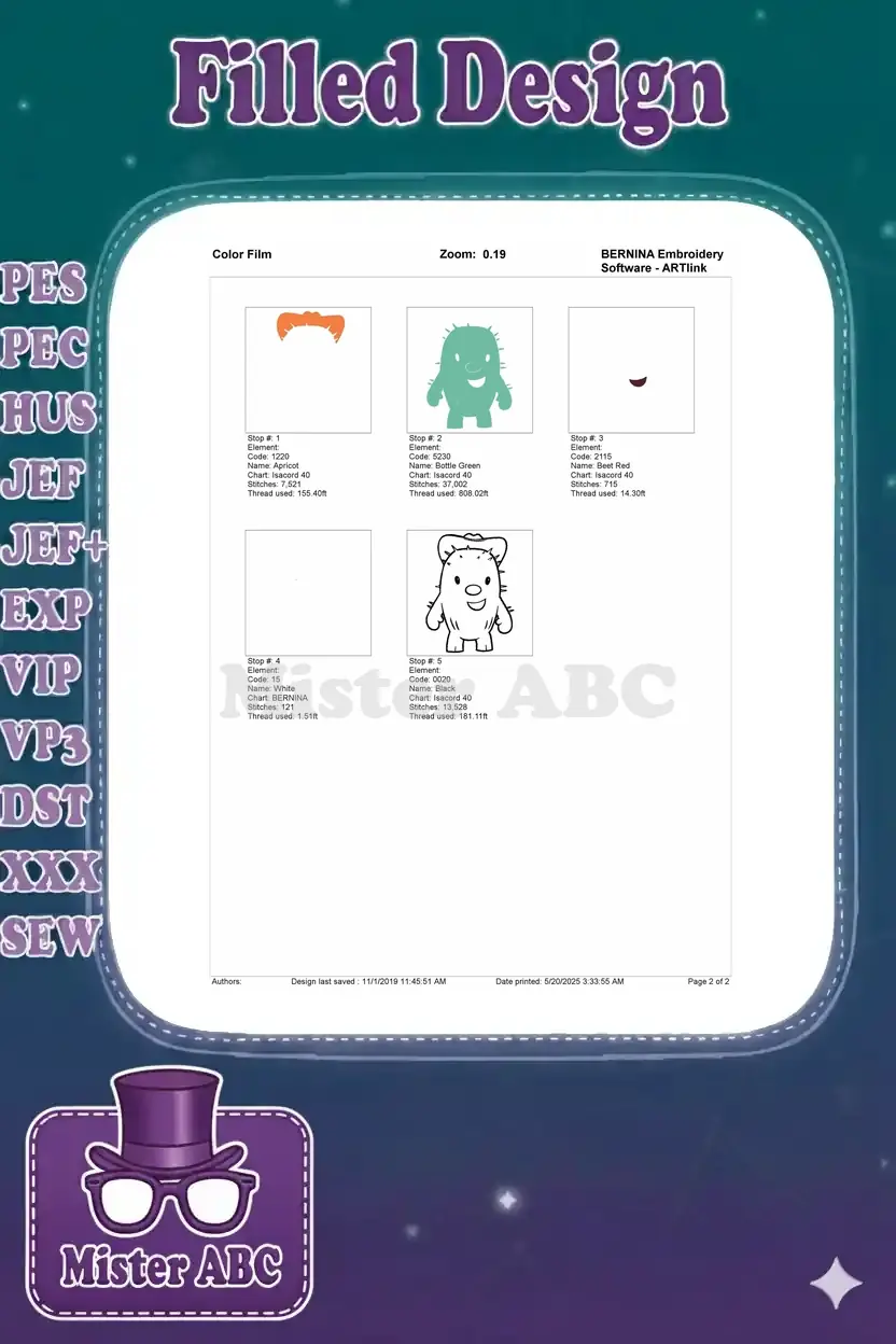 Color film breakdown for the cactus embroidery, showing each stitch stop and corresponding thread usage.