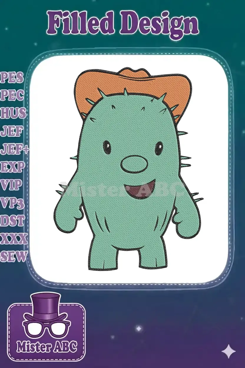 A friendly green cartoon cactus character wearing an orange cowboy hat, depicted as a detailed embroidery design.