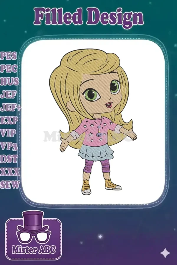 Full-body embroidery design of Shimmer from Shimmer and Shine, featuring blonde hair, green eyes, and a pink outfit.