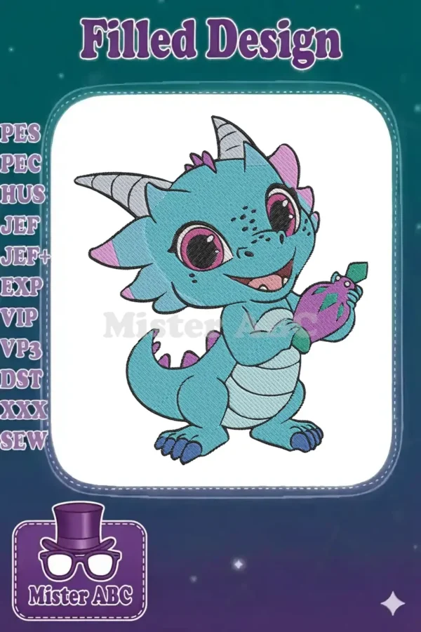 A charming blue cartoon dragon embroidery design with big eyes and a playful smile, holding a unique purple object.