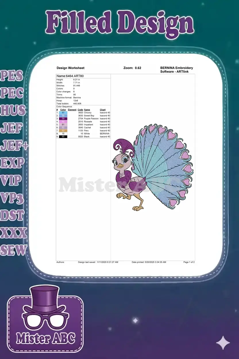 Detailed embroidery design worksheet for '6464.ART80' showing dimensions, stitch count, and color sequence.