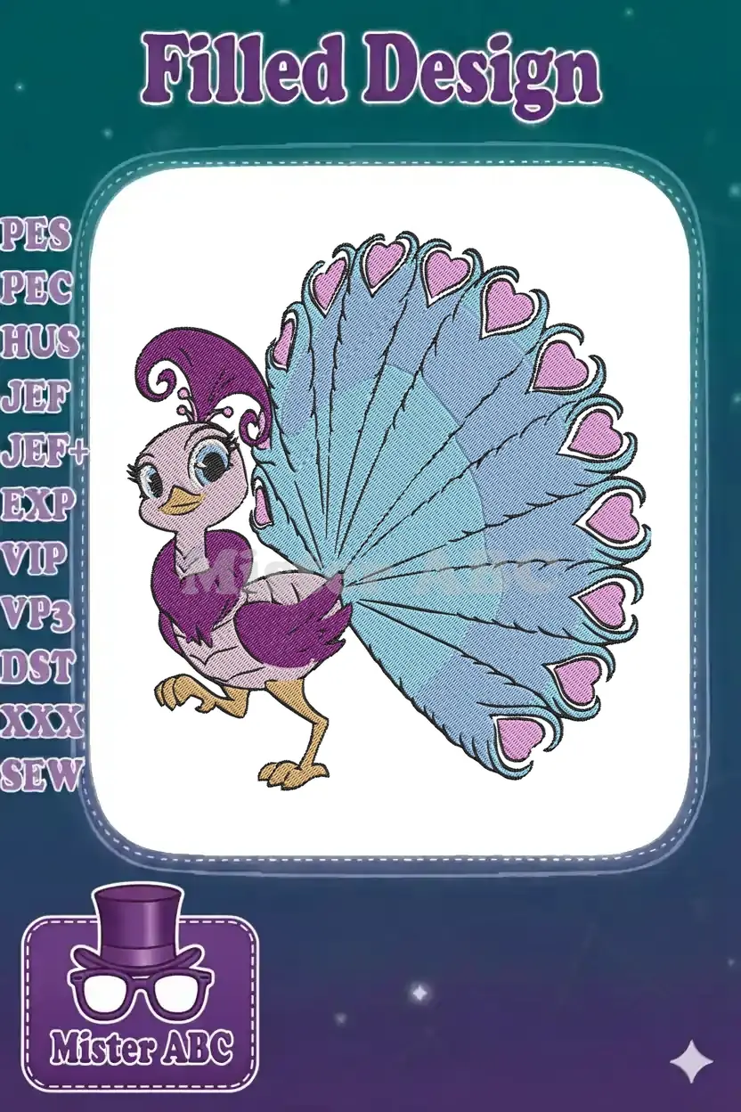 Vibrant embroidery design of a cute cartoon peacock with a purple crest and heart-shaped blue tail feathers.