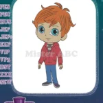 Cute cartoon boy with orange hair and red hoodie embroidery designs - Instant Download