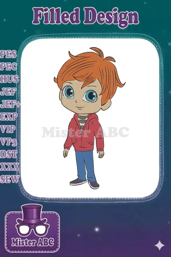 Close-up embroidery of a cute boy with fiery red hair, bright blue eyes, wearing a red hoodie and blue pants.
