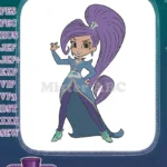 Purple-haired Zeta sorceress in blue dress cartoon embroidery designs - Instant Download