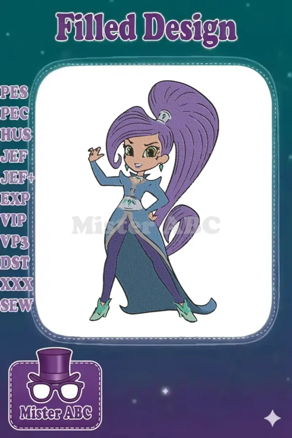 Vibrant embroidery design of Zeta the Sorceress from Shimmer and Shine, featuring her iconic purple hair and blue gown.