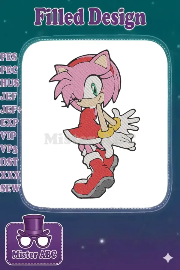 Vibrant Amy Rose embroidery design showcasing her iconic red dress, pink hair, and gold bracelets. Perfect for fans.