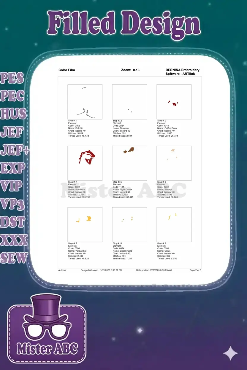 First page of the Dr. Eggman color film, showing the initial nine embroidery stop sequences and color elements.